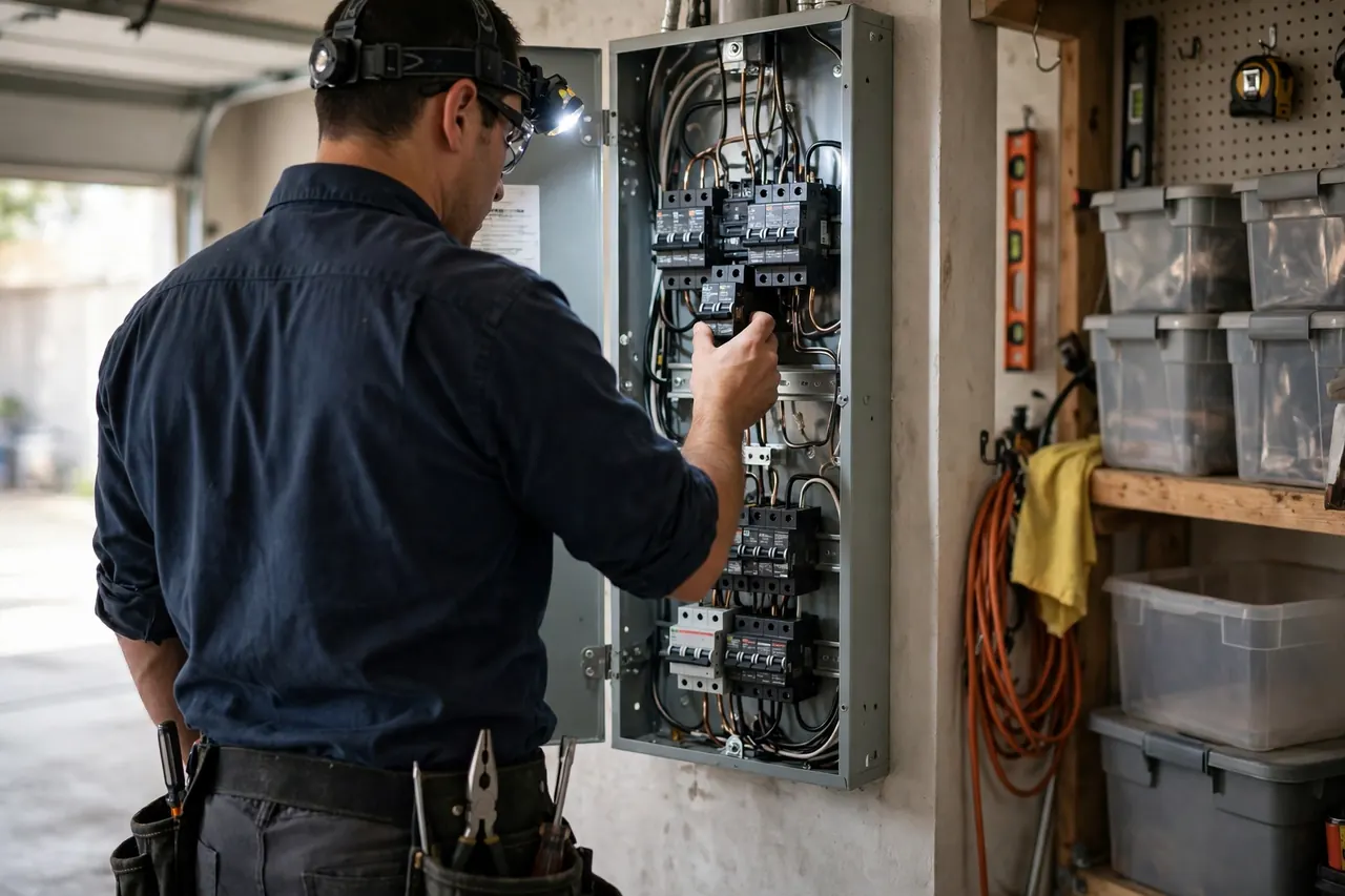 An electrician working on a home's wiring