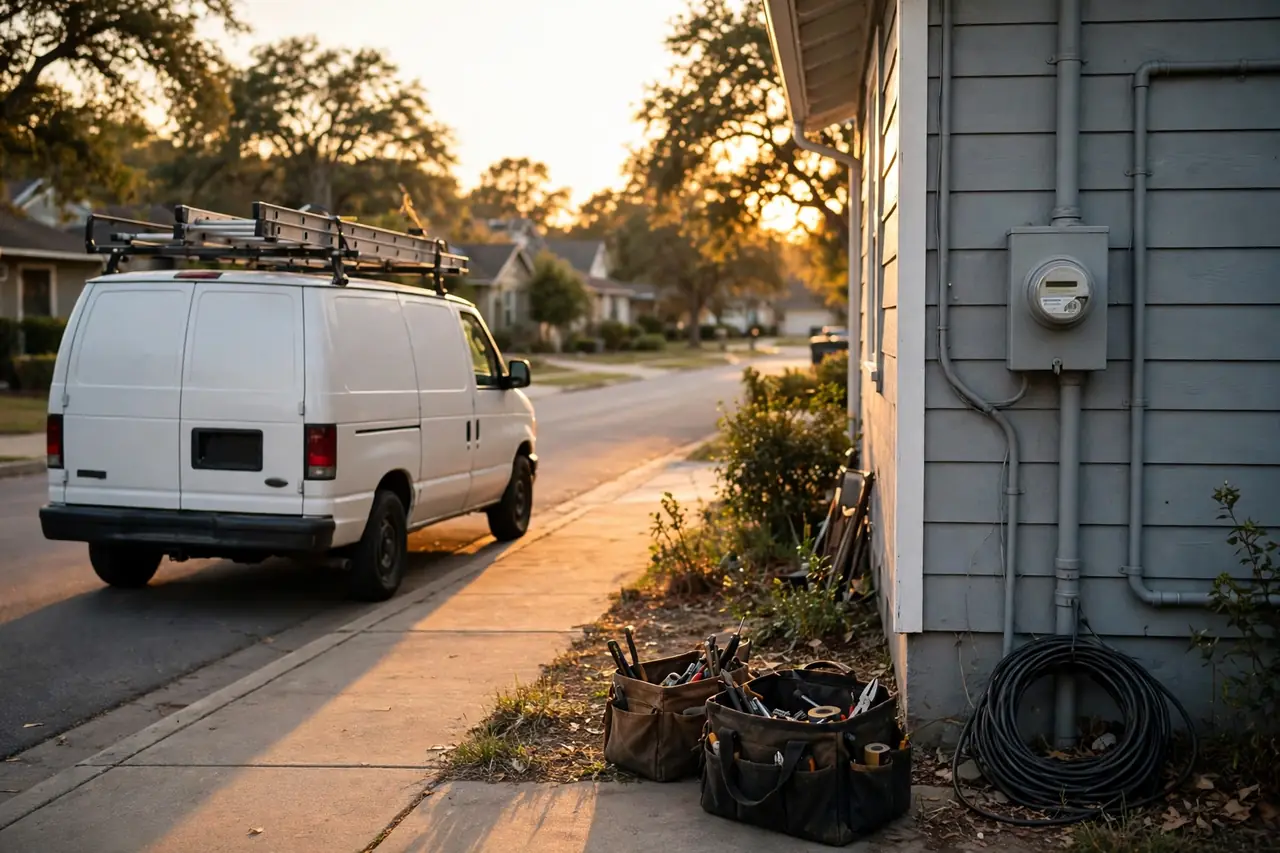 An electrician's van on a residential street