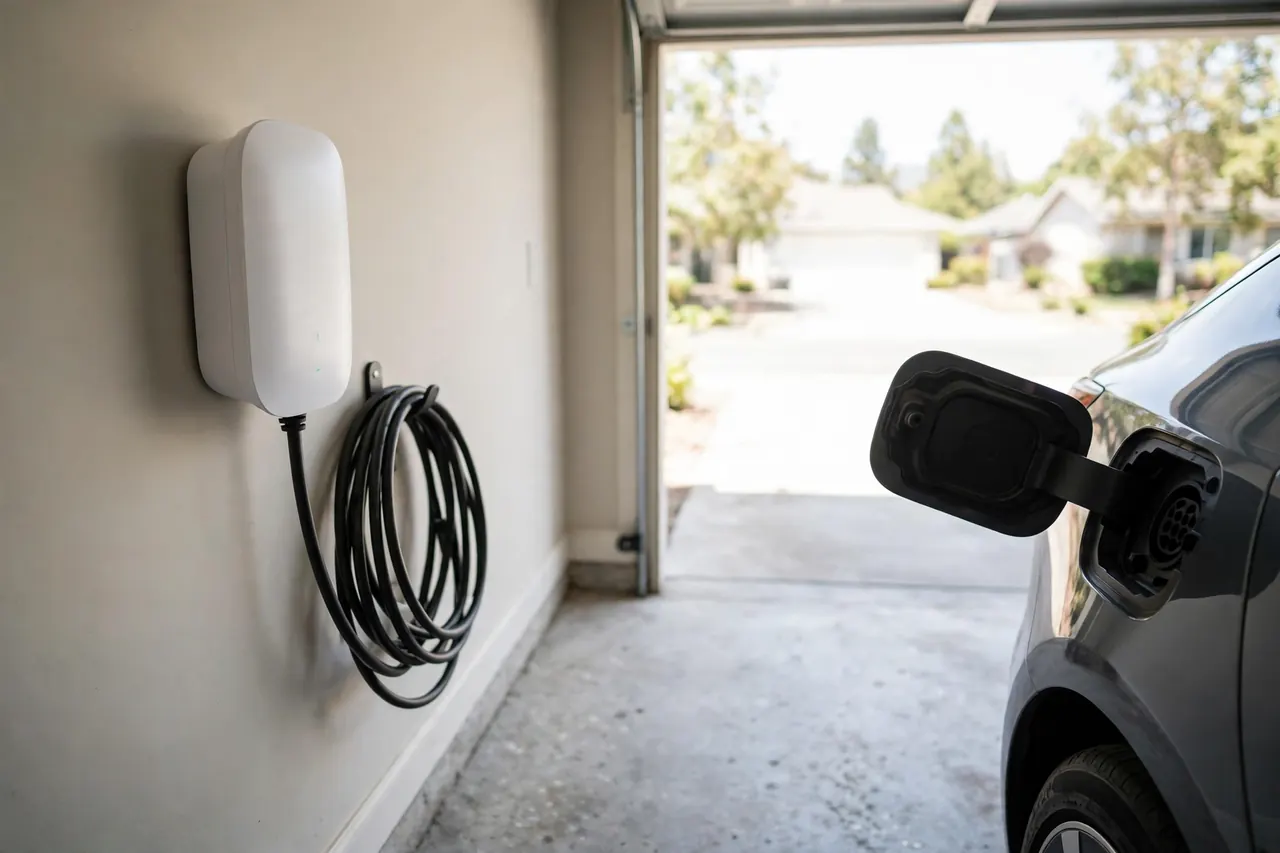 A home EV charger being installed in a garage
