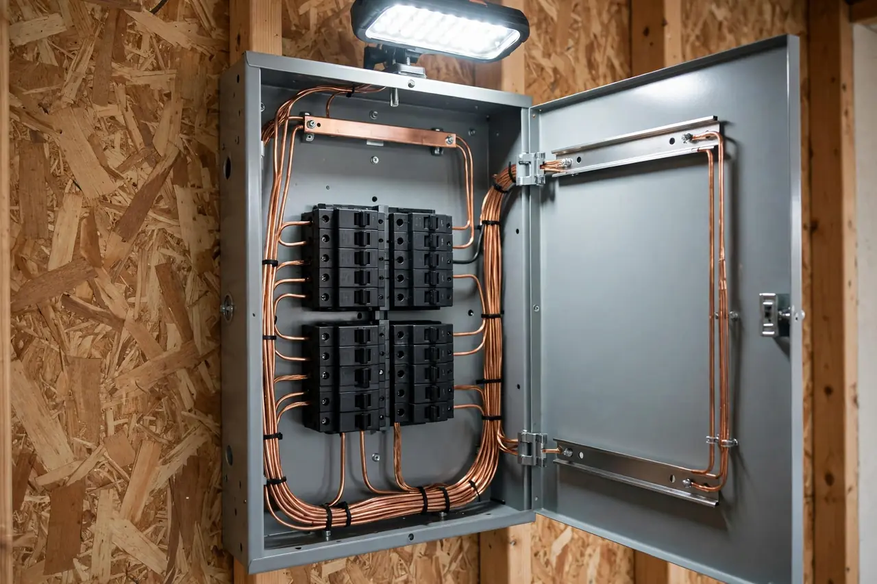 A modern electrical panel with labelled breakers